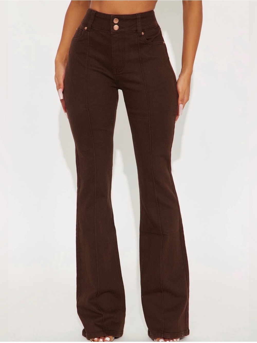 Fashion Nova High-Rise Chocolate Brown Flare Stretch Pants Flattering Seams NEW